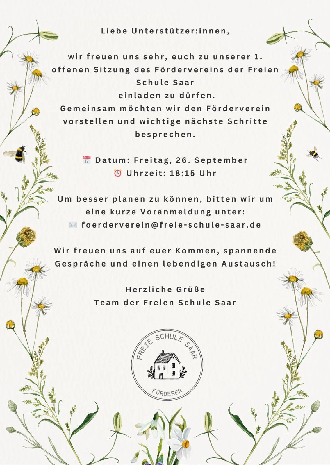 Einladung 1. Fördervereinssitzung Freie Schule Saar
